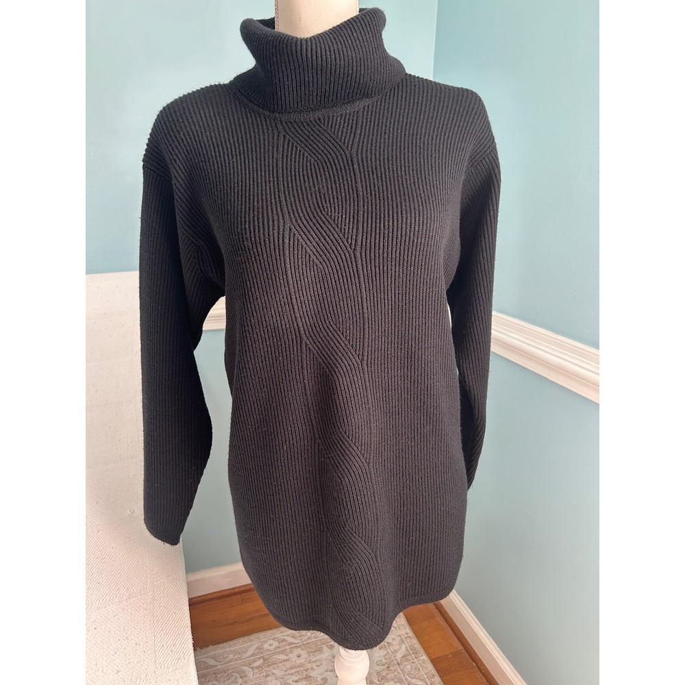 Jeanne Pierre Black Lambswool Blend Ribbed Cable Knit Turtleneck Sweater M